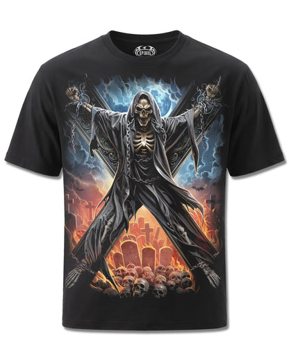 Spiral Crossed Over design, front view on Black M101, Rock Off Retail official merch