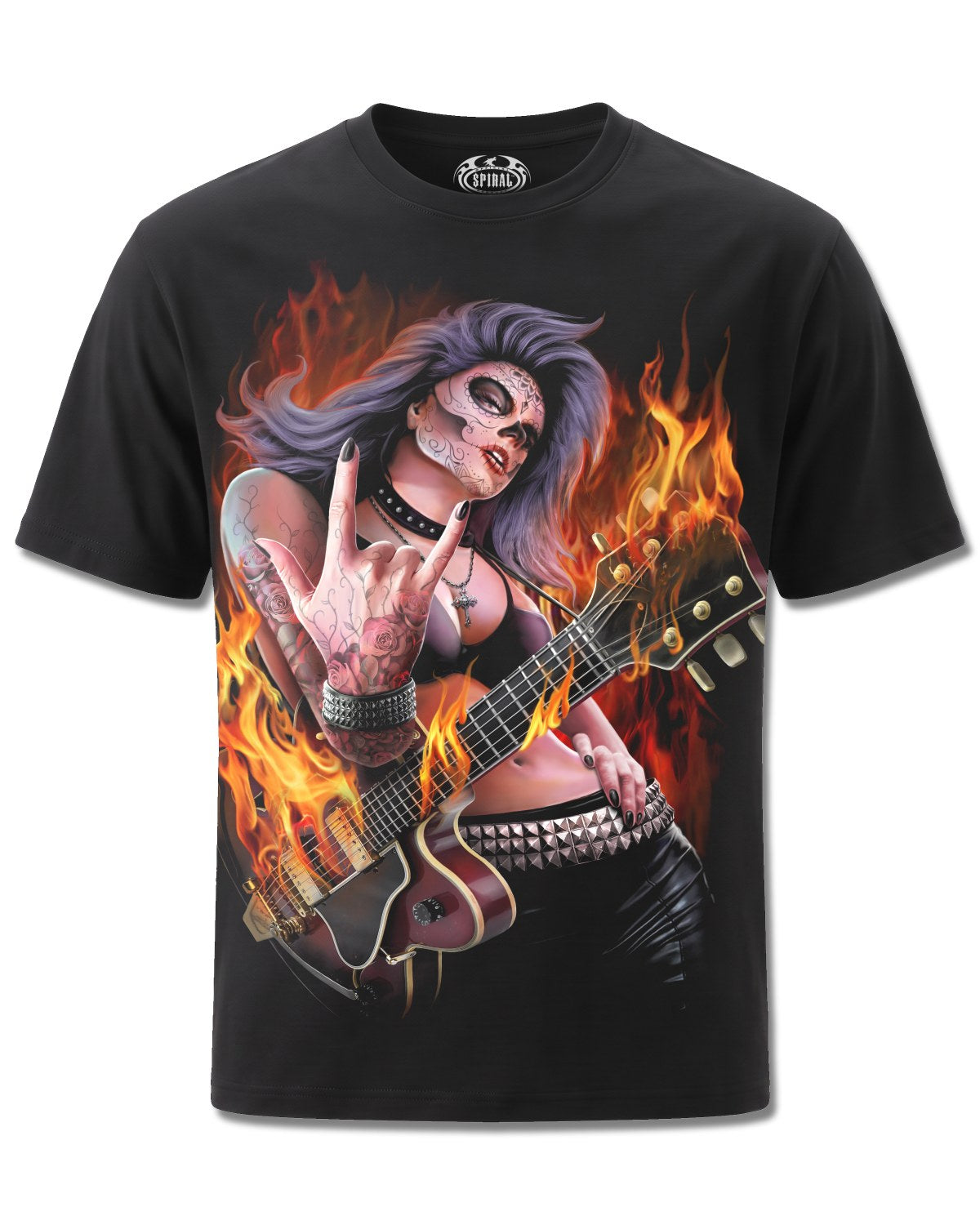 Spiral Rocking The Dead design, front view on Black M101, Rock Off Retail official merch