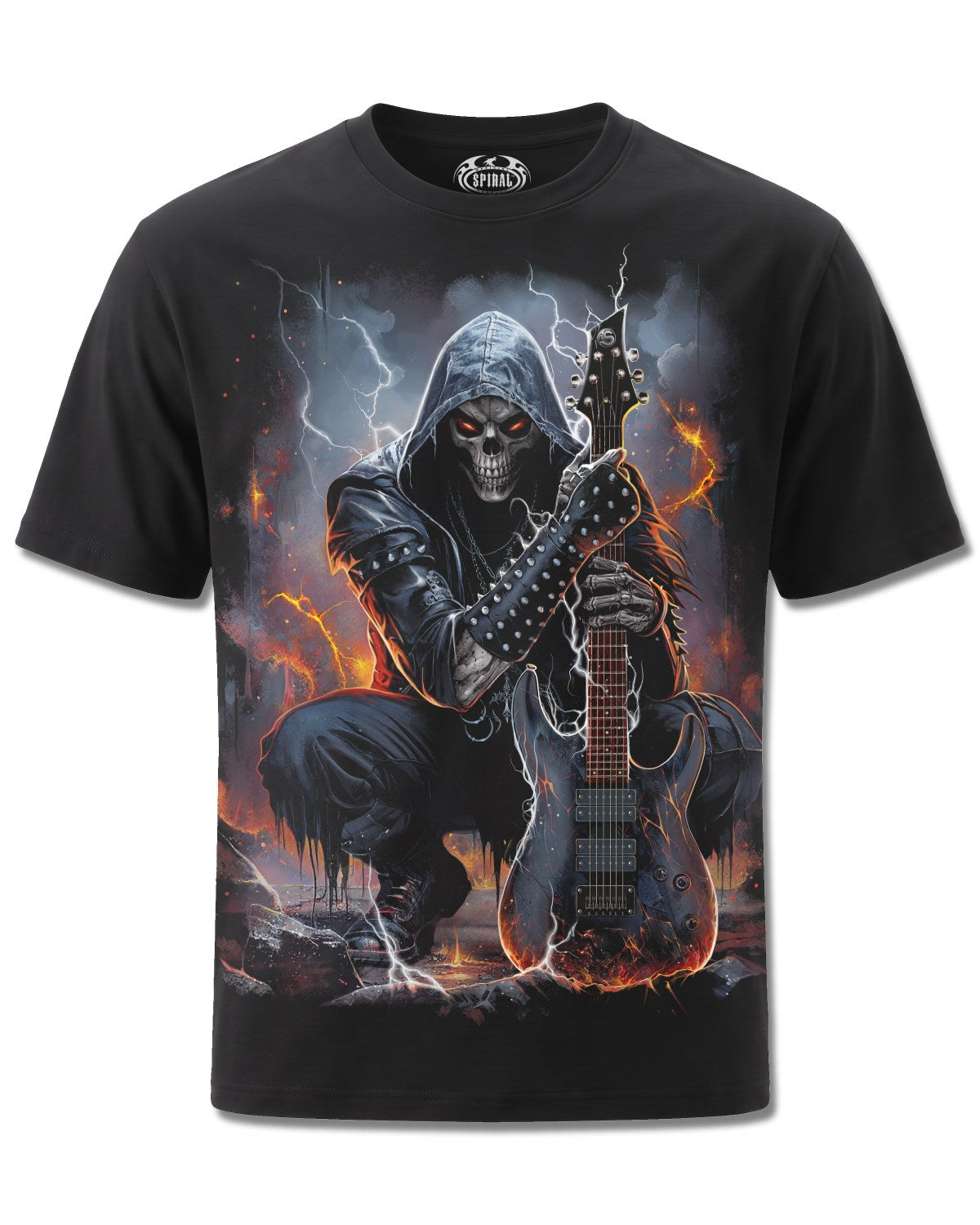 Spiral Death Rocker design, front view on Black M101, Rock Off Retail official merch