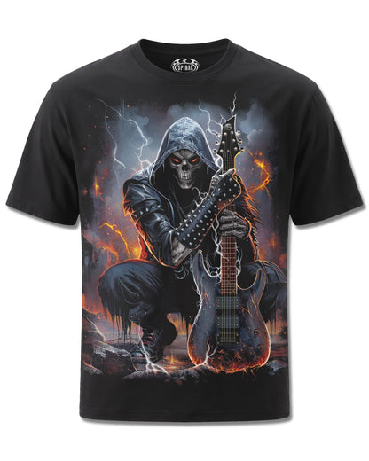 Spiral Death Rocker design, front view on Black M101, Rock Off Retail official merch