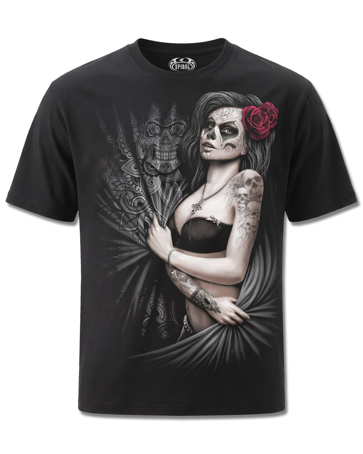 Spiral Dead Love design, front view on Black M101, Rock Off Retail official merch