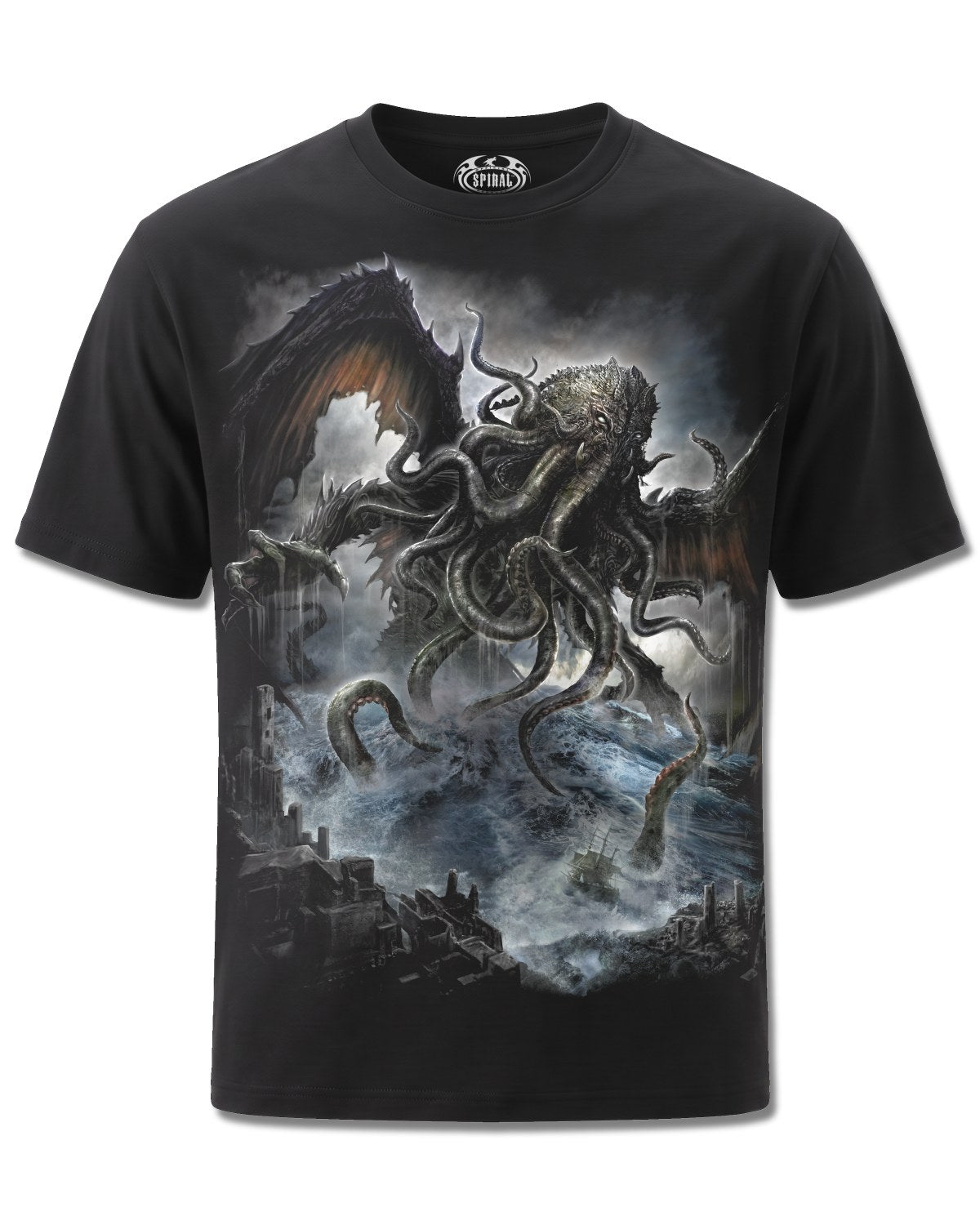 Spiral Cthulhu design, front view on Black M101, Rock Off Retail official merch