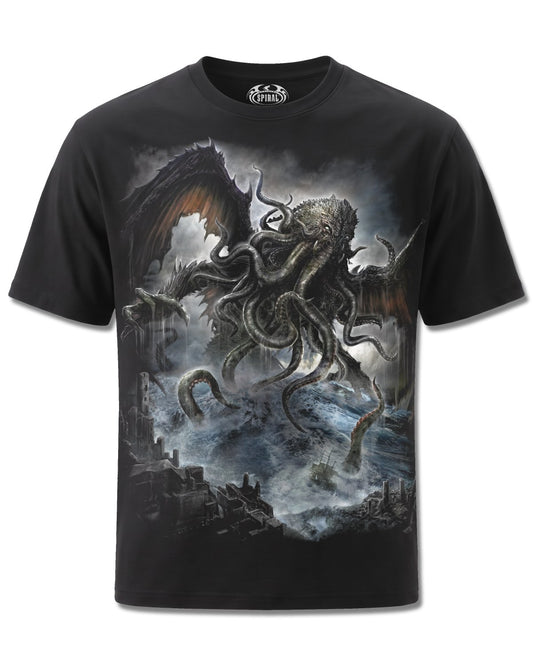 Spiral Cthulhu design, front view on Black M101, Rock Off Retail official merch