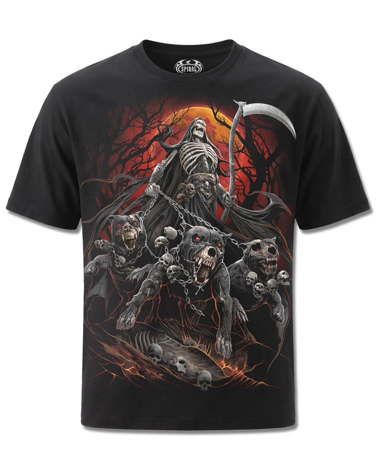 Spiral Harbingers design, front view on Black M101, Rock Off Retail official merch