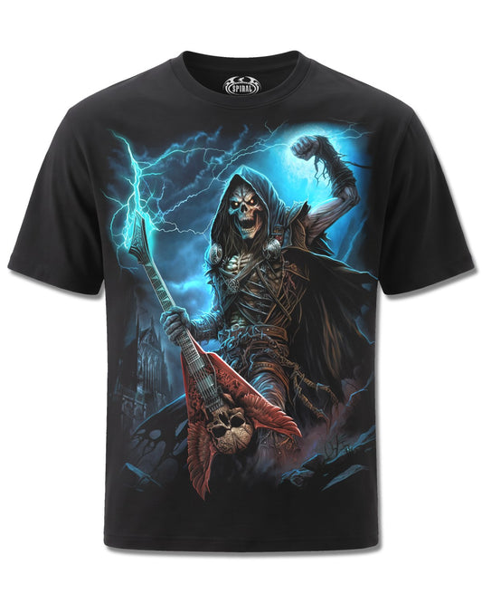 Spiral Dead Metal design, front view on Black M101, Rock Off Retail official merch
