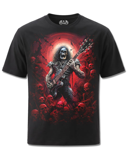 Spiral Tomb Of Rock design, front view on Black M101, Rock Off Retail official merch