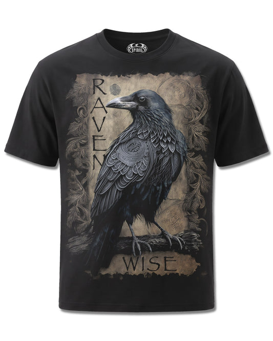 Spiral Raven Wise design, front view on Black M101, Rock Off Retail official merch