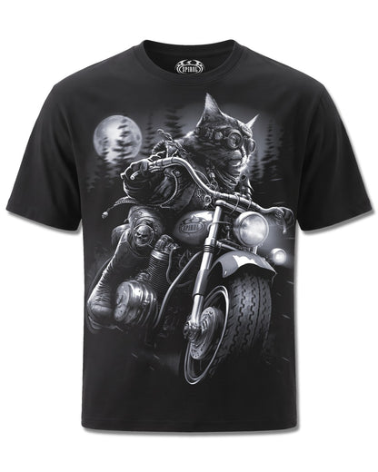 Spiral Nine Lives design, front view on Black M101, Rock Off Retail official merch
