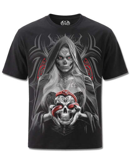 Spiral High Priestess design, front view on Black M101, Rock Off Retail official merch