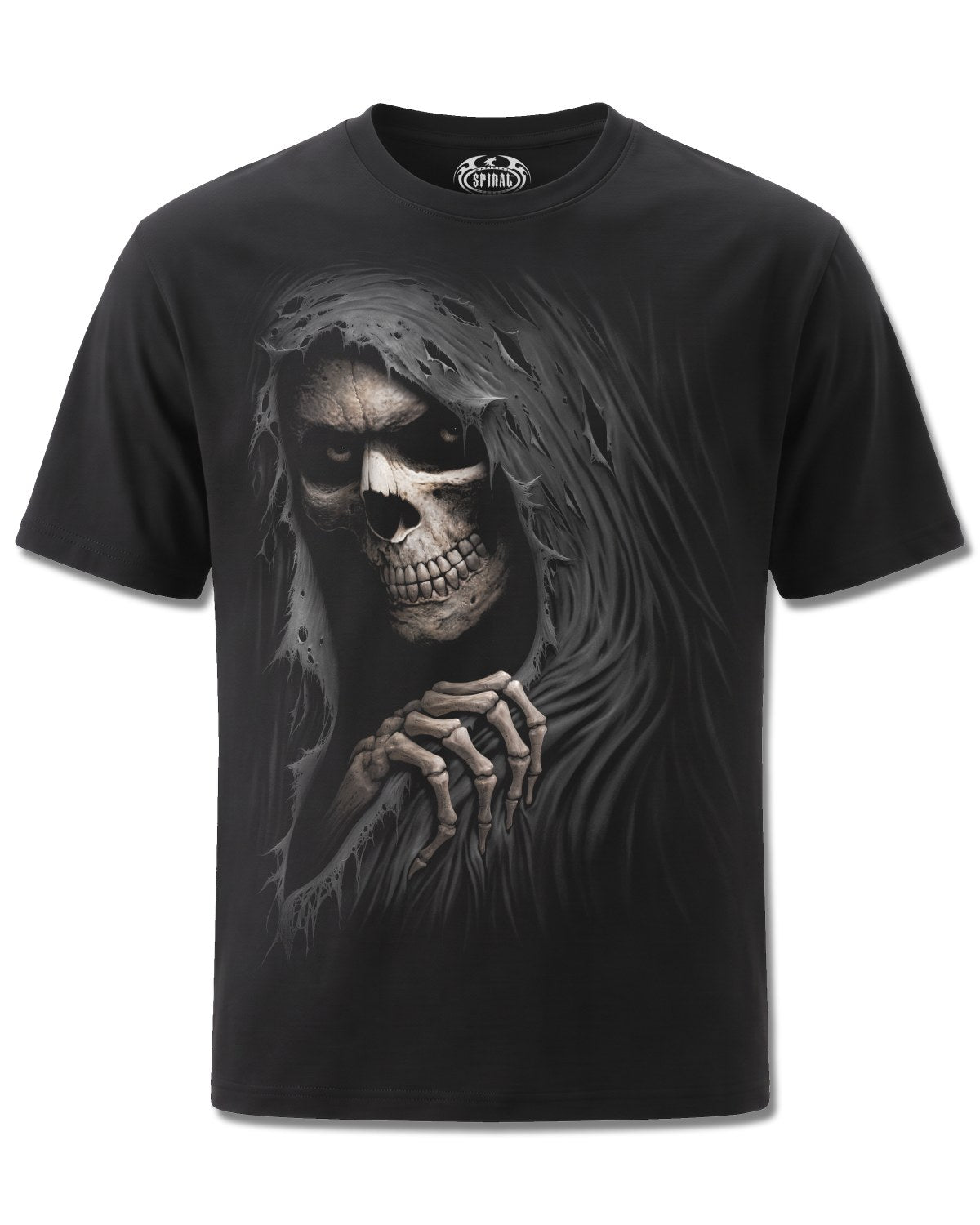 Spiral Grim Ripper design, front view on Black M101, Rock Off Retail official merch