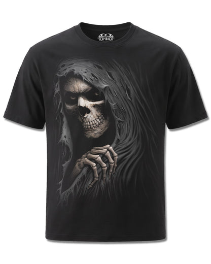 Spiral Grim Ripper design, front view on Black M101, Rock Off Retail official merch