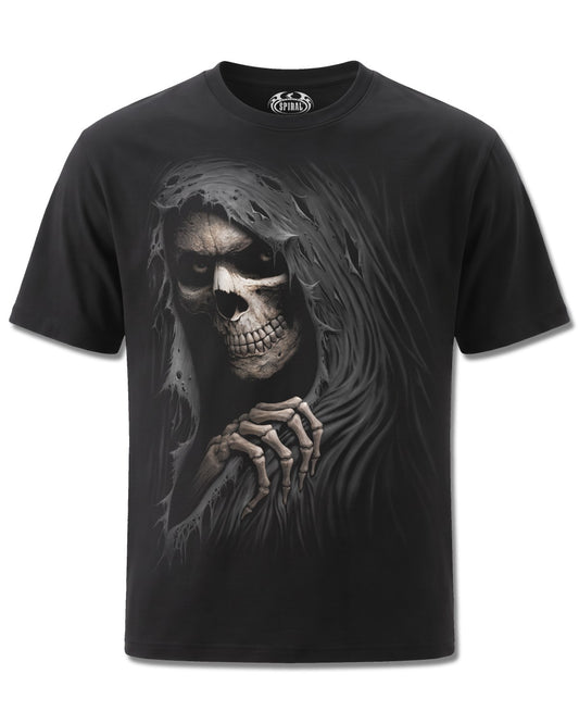 Spiral Grim Ripper design, front view on Black M101, Rock Off Retail official merch