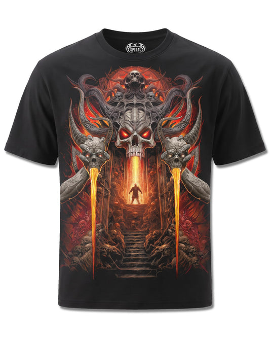 Spiral Gates Of Hell design, front view on Black M101, Rock Off Retail official merch