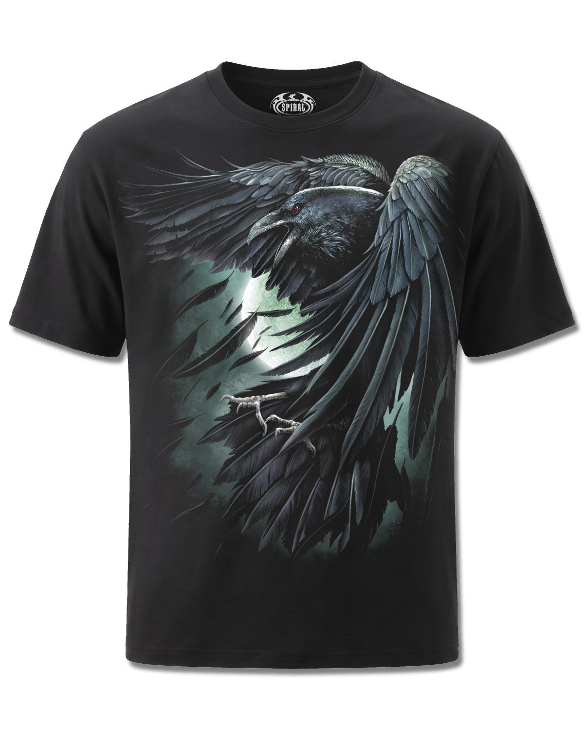 Spiral Shadow Raven design, front view on Black M101, Rock Off Retail official merch