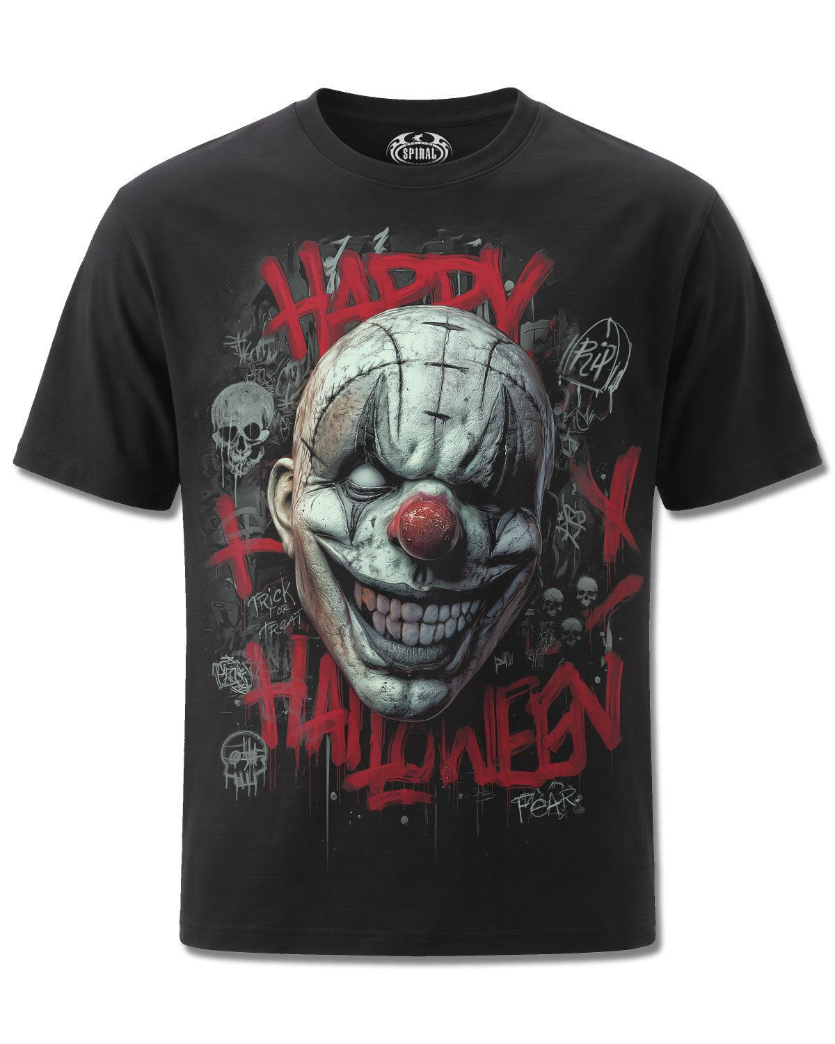 Spiral Happy Horroween design, front view on Black M101, Rock Off Retail official merch