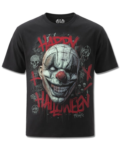 Spiral Happy Horroween design, front view on Black M101, Rock Off Retail official merch