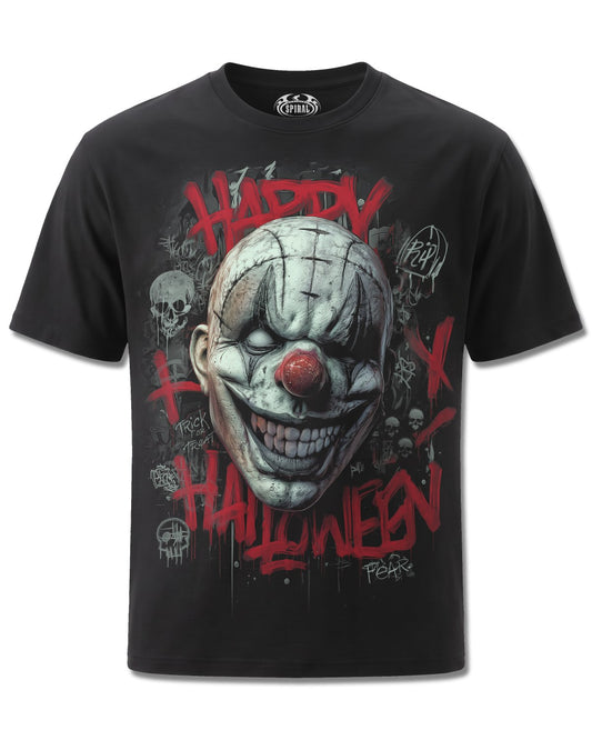 Spiral Happy Horroween design, front view on Black M101, Rock Off Retail official merch