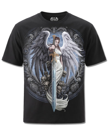 Spiral Angel Sword design, front view on Black M101, Rock Off Retail official merch