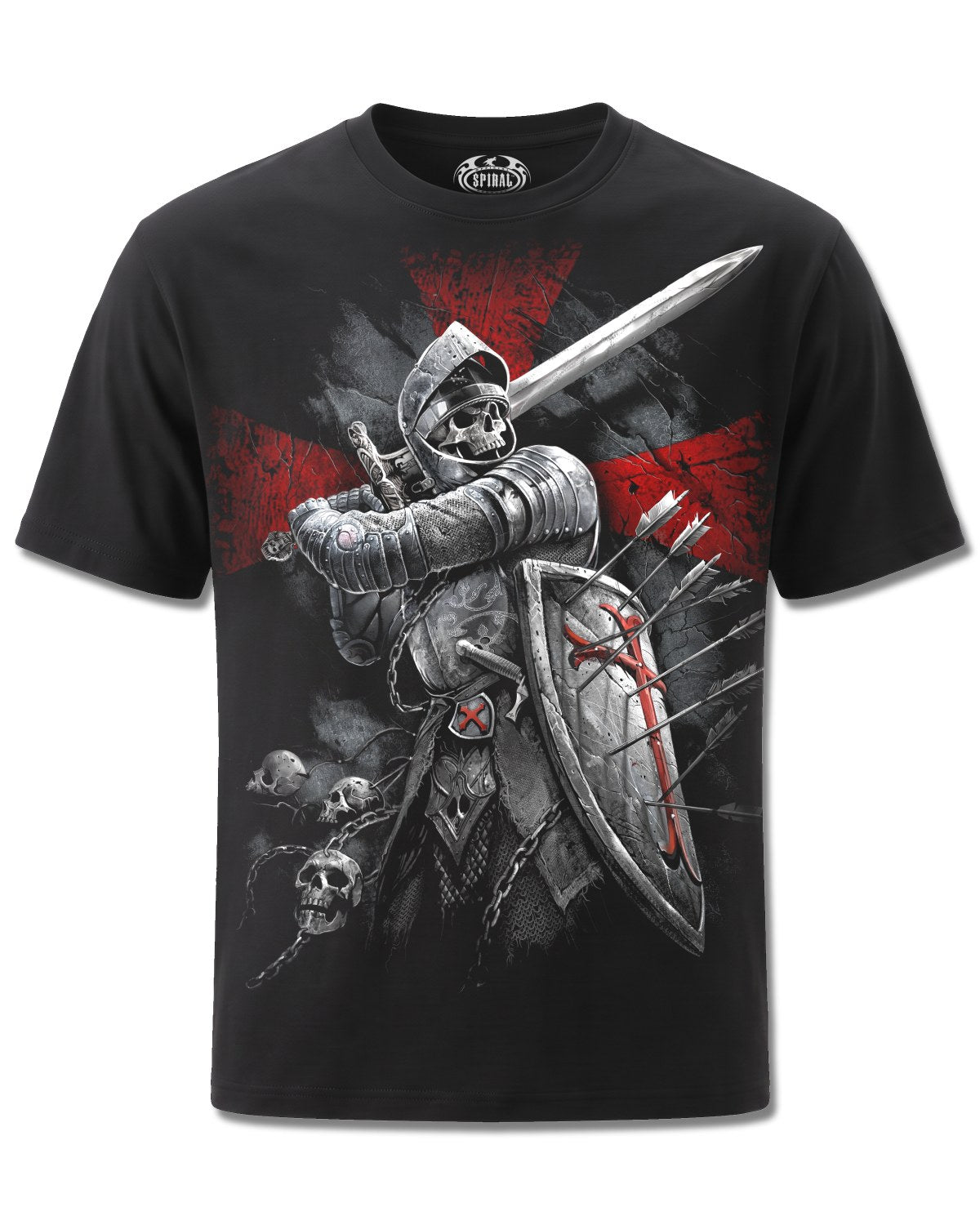 Spiral Valiant design, front view on Black M101, Rock Off Retail official merch