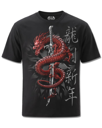 Spiral Oriental Dragon design, front view on Black M101, Rock Off Retail official merch