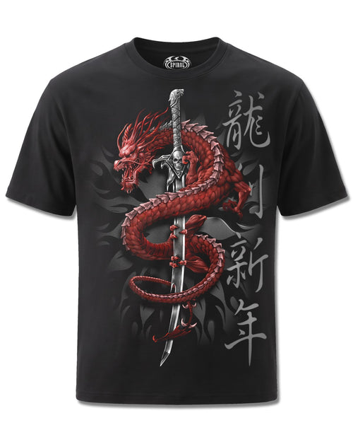 Spiral Oriental Dragon design, front view on Black M101, Rock Off Retail official merch