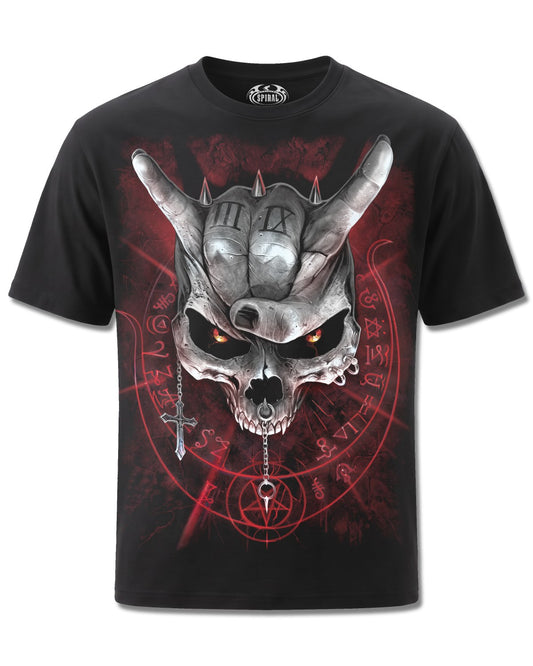 Spiral Never Too Loud design, front view on Black M101, Rock Off Retail official merch