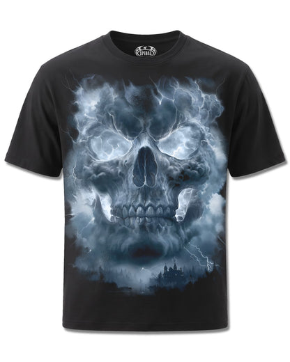 Spiral Grave Skies design, front view on Black M101, Rock Off Retail official merch