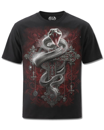 Spiral Gothic Serpent design, front view on Black M101, Rock Off Retail official merch