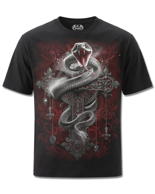 Spiral Gothic Serpent design, front view on Black M101, Rock Off Retail official merch