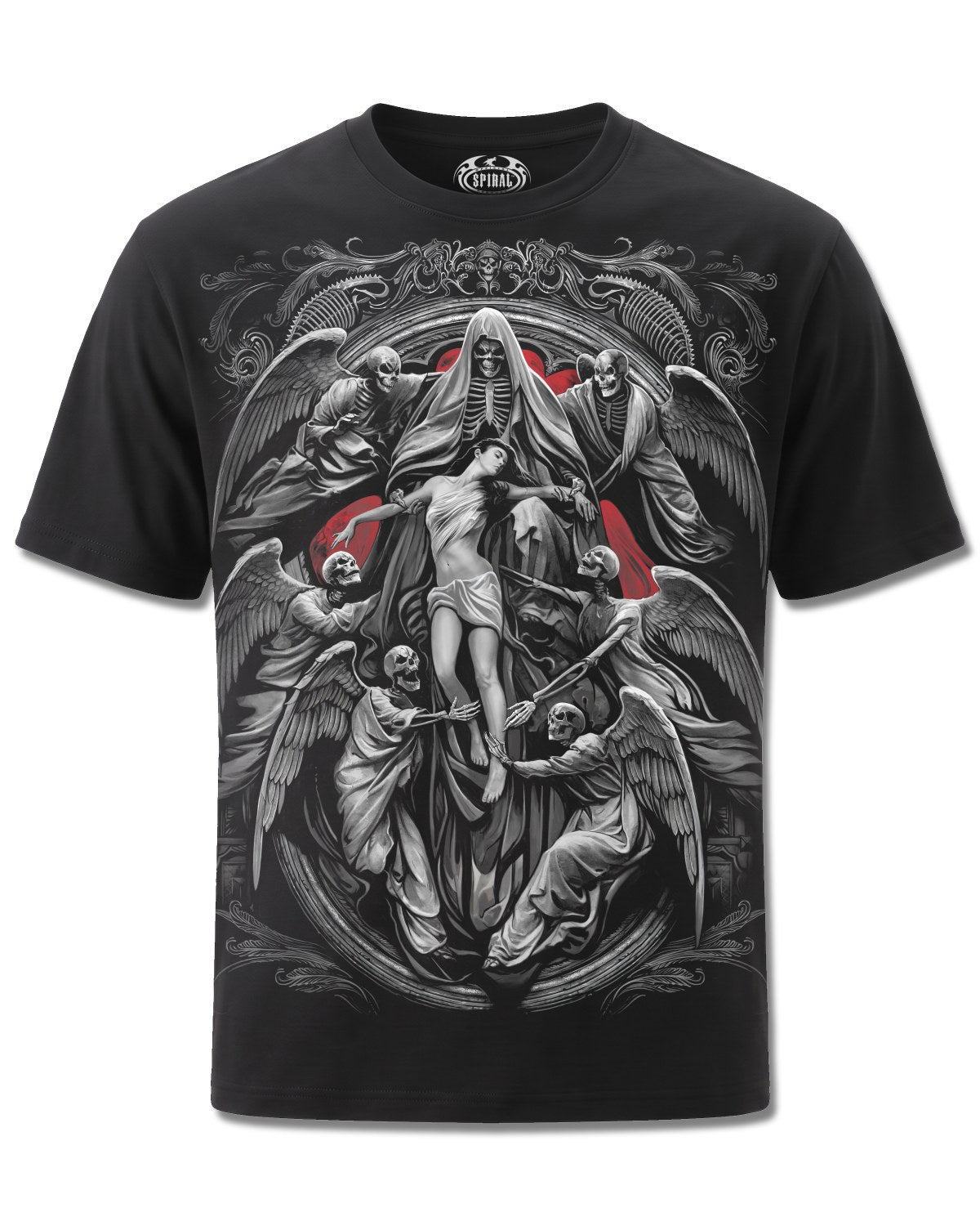 Spiral Reaper's Door design, front view on Black M101, Rock Off Retail official merch