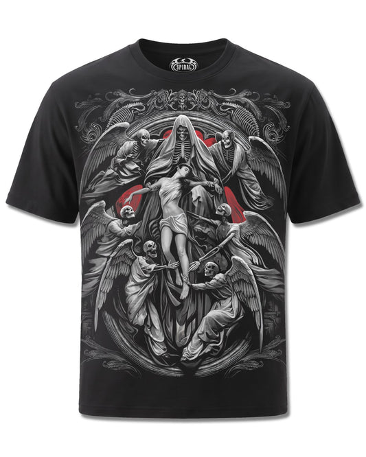 Spiral Reaper's Door design, front view on Black M101, Rock Off Retail official merch