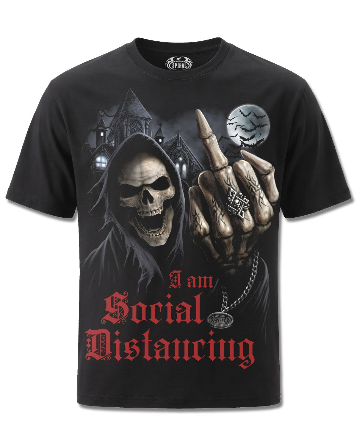 Spiral Social Distance design, front view on Black M101, Rock Off Retail official merch