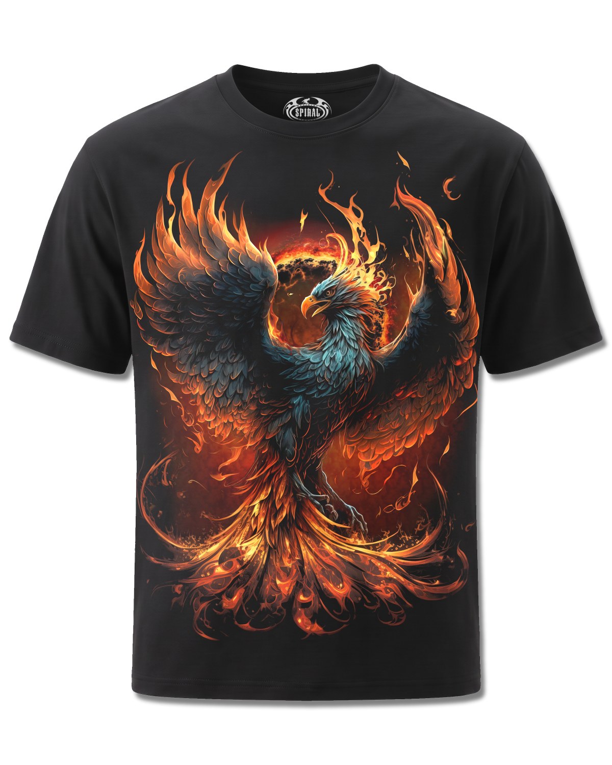 Spiral Ashes Reborn design, front view on Black M101, Rock Off Retail official merch