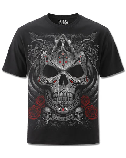 Spiral The Dead design, front view on Black M101, Rock Off Retail official merch