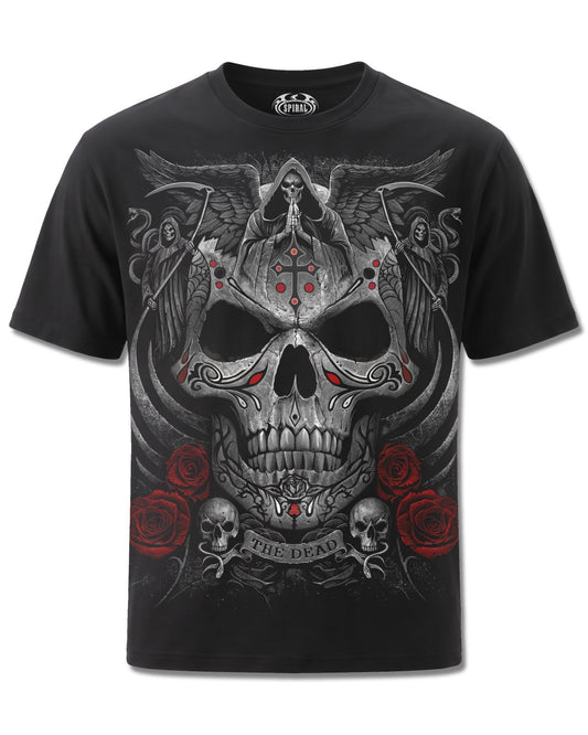 Spiral The Dead design, front view on Black M101, Rock Off Retail official merch