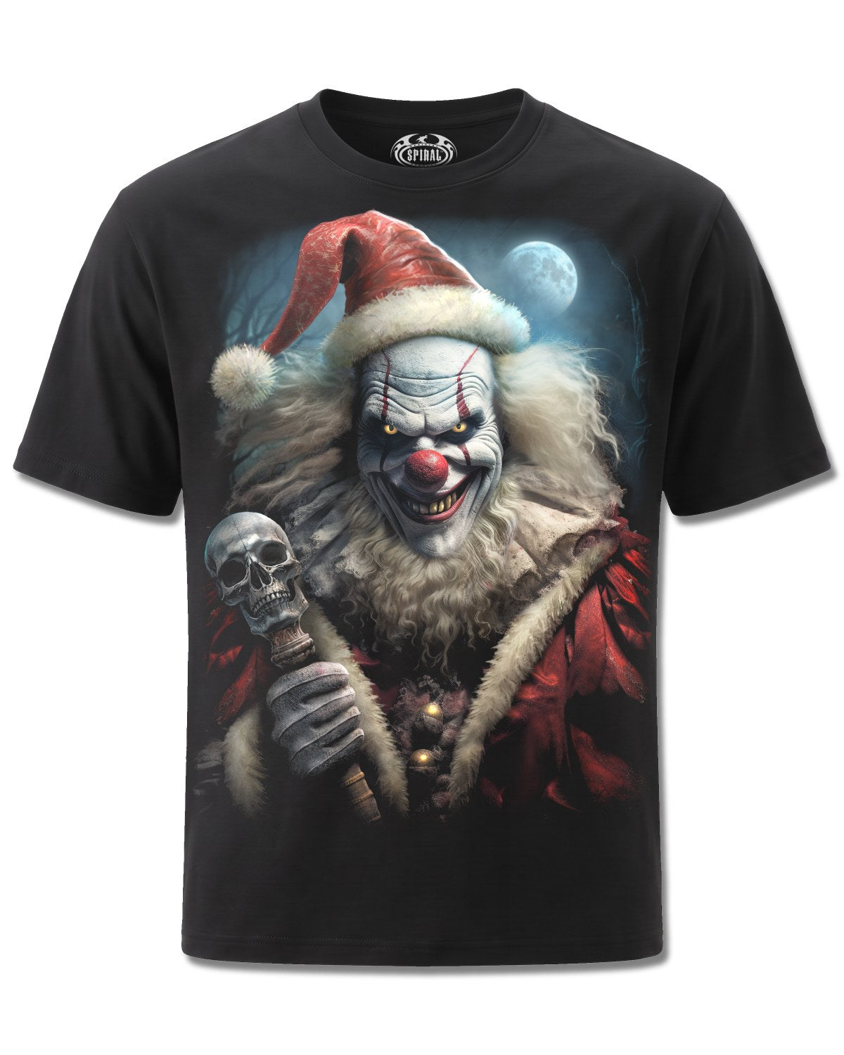 Spiral Santa Clown design, front view on Black M101, Rock Off Retail official merch