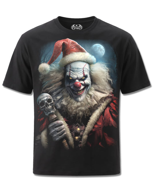 Spiral Santa Clown design, front view on Black M101, Rock Off Retail official merch