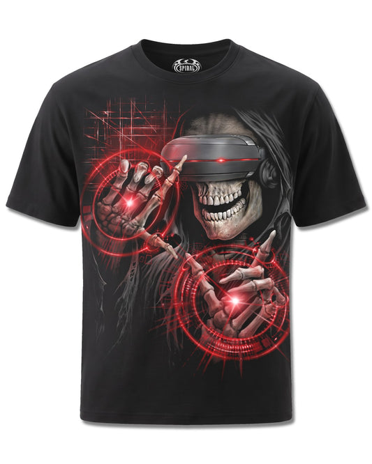 Spiral Cyber Death design, front view on Black M101, Rock Off Retail official merch