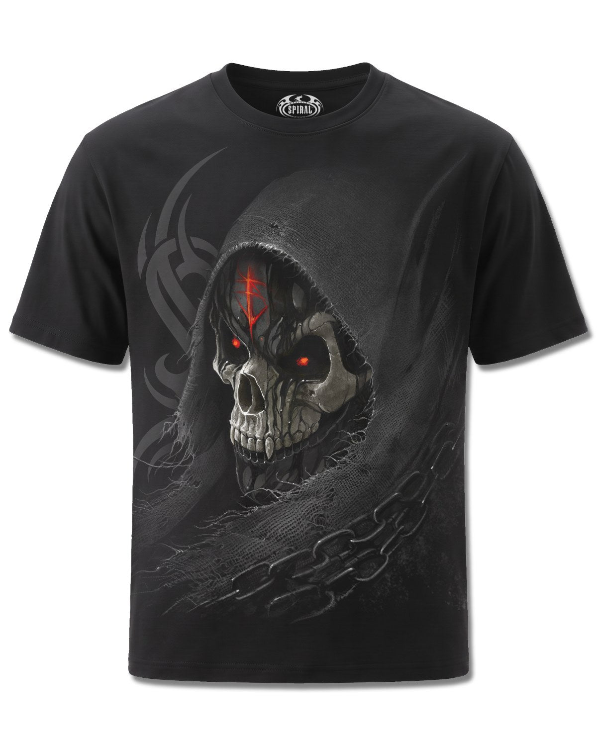 Spiral Dark Death design, front view on Black M101, Rock Off Retail official merch
