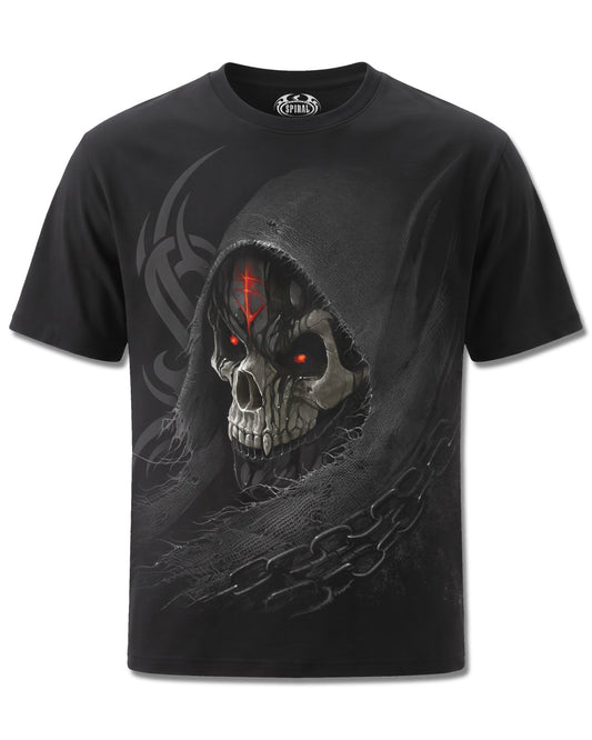 Spiral Dark Death design, front view on Black M101, Rock Off Retail official merch