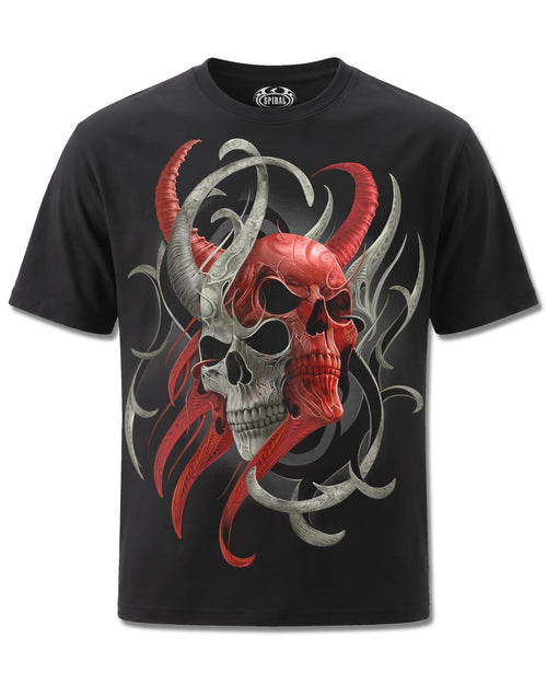 Spiral Skull Synthesis design, front view on Black M101, Rock Off Retail official merch