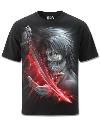 Spiral Aku No design, front view on Black M101, Rock Off Retail official merch