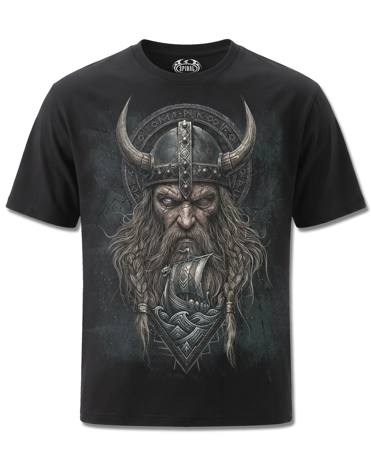 Spiral Viking Norseman design, front view on Black M101, Rock Off Retail official merch