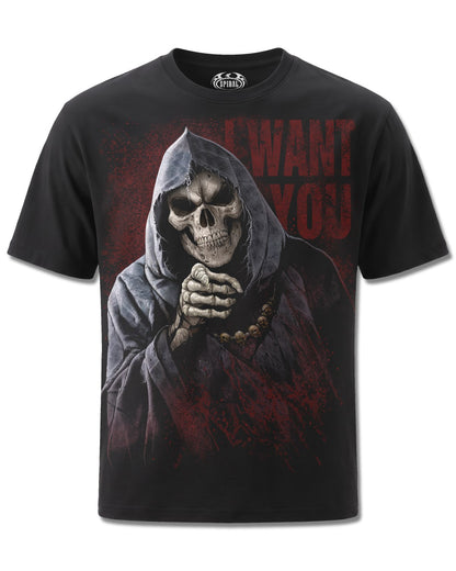 Spiral War Kills design, front view on Black M101, Rock Off Retail official merch