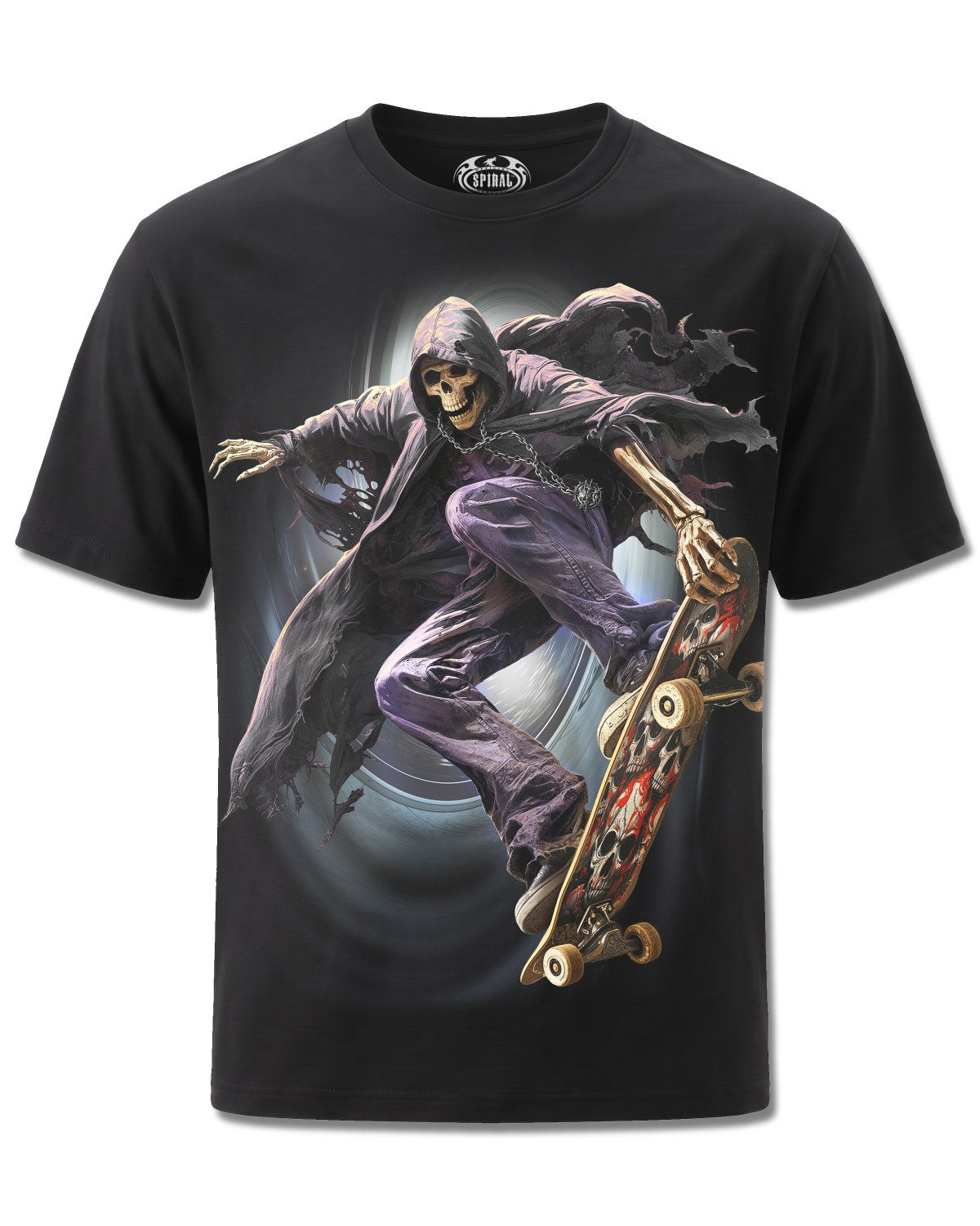 Spiral Soul Boarder design, front view on Black M101, Rock Off Retail official merch