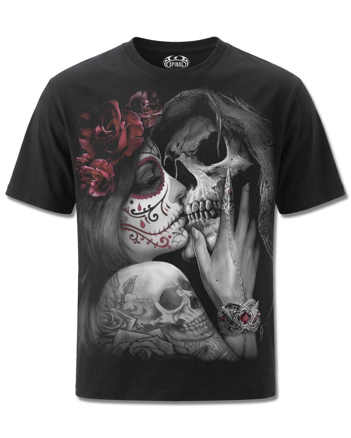 Spiral Dead Kiss design, front view on Black M101, Rock Off Retail official merch