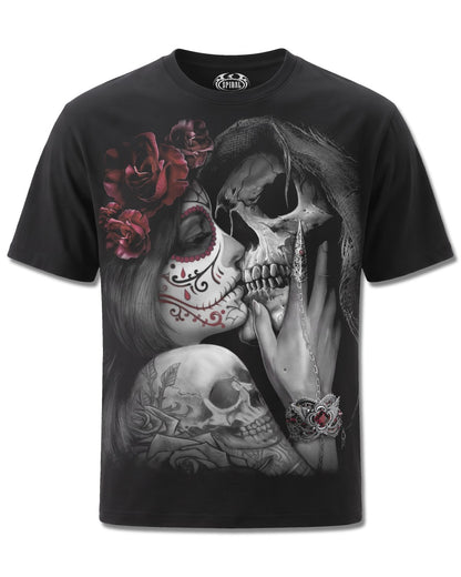 Spiral Dead Kiss design, front view on Black M101, Rock Off Retail official merch