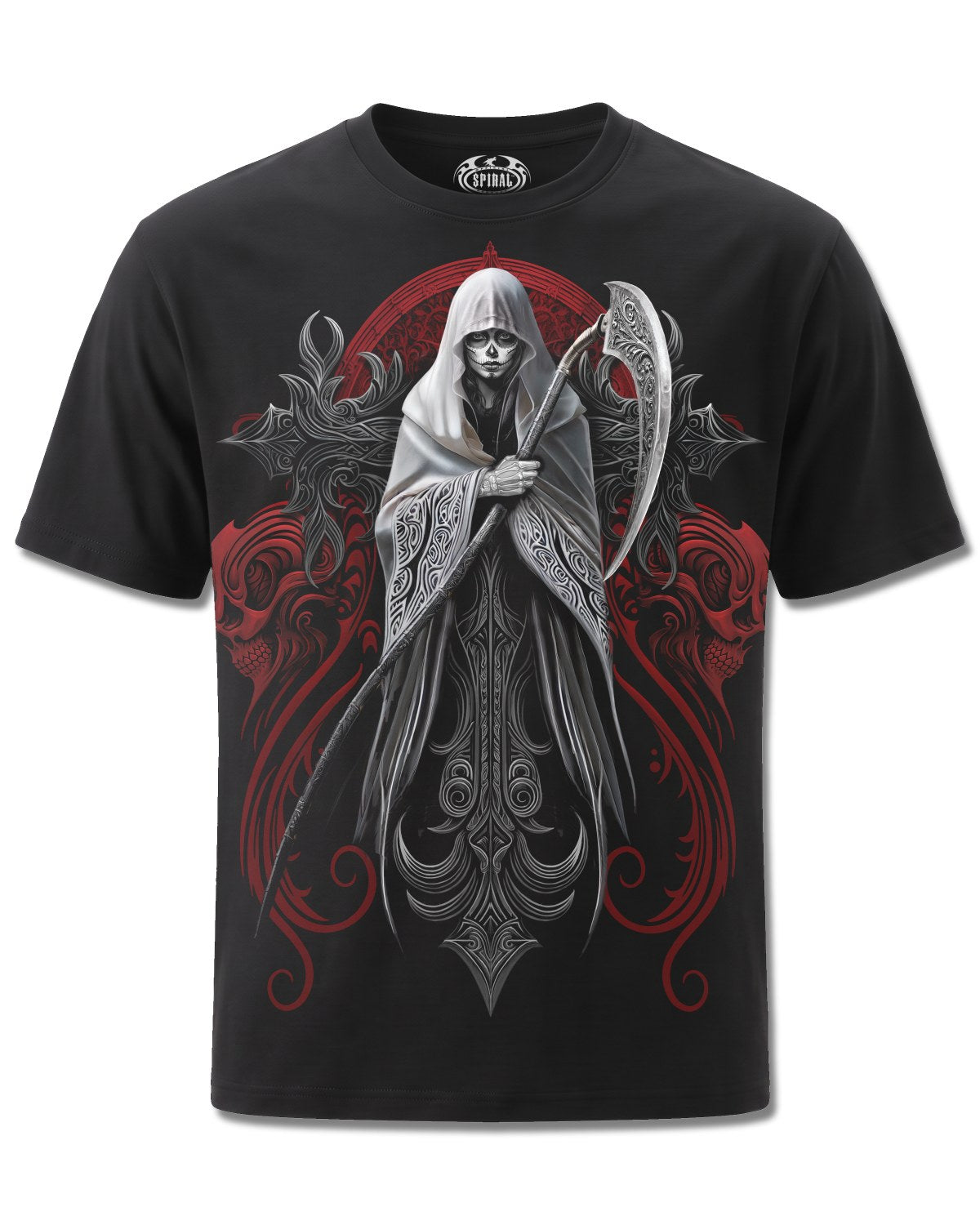 Spiral Reaperess design, front view on Black M101, Rock Off Retail official merch