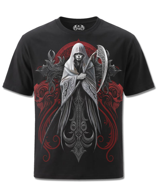 Spiral Reaperess design, front view on Black M101, Rock Off Retail official merch