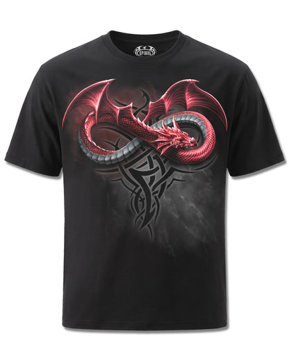 Spiral Infinity Dragons design, front view on Black M101, Rock Off Retail official merch
